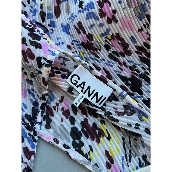 Ganni White Printed Pleated V-Neck Crop Top Sz 38 (medium - Picture 3 of 3